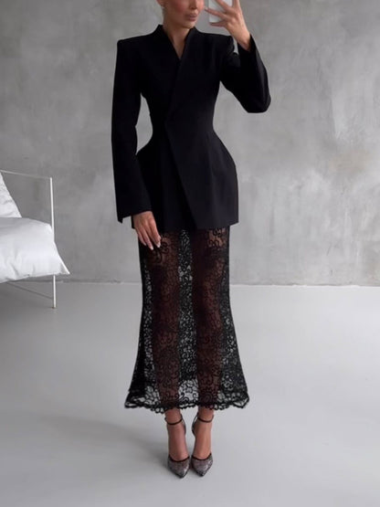 Elegant Asymmetrical Suit And Lace Skirt Two-Piece Set