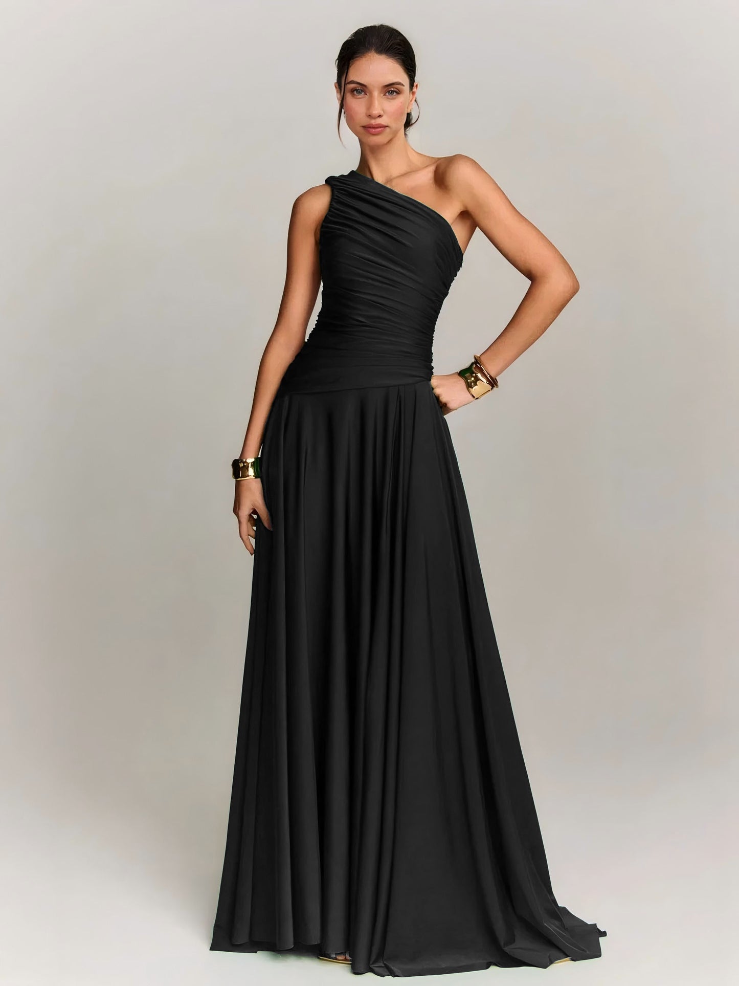 Elegant Draped One Shoulder Cocktail Maxi Dress
