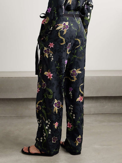 Elegant Floral Print Satin Straight-Leg Pants