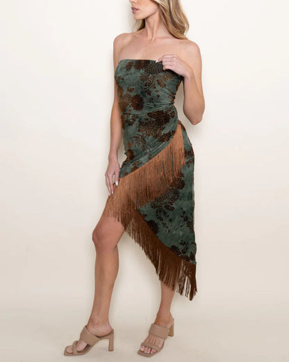 Vintage Floral Strapless Fringe Dress