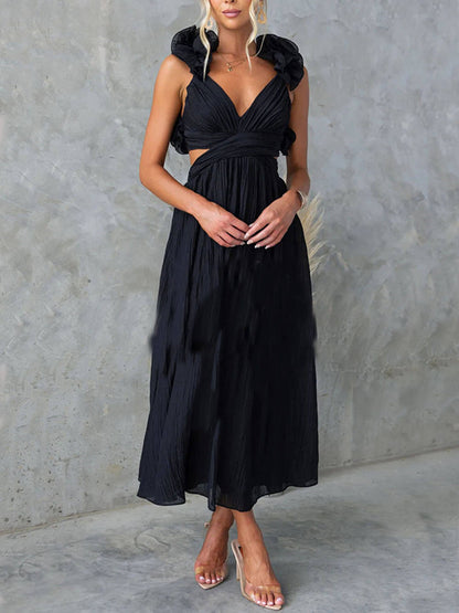 Floral Ruffle Detail Back Lace-Up Elastic Waist Maxi Dress
