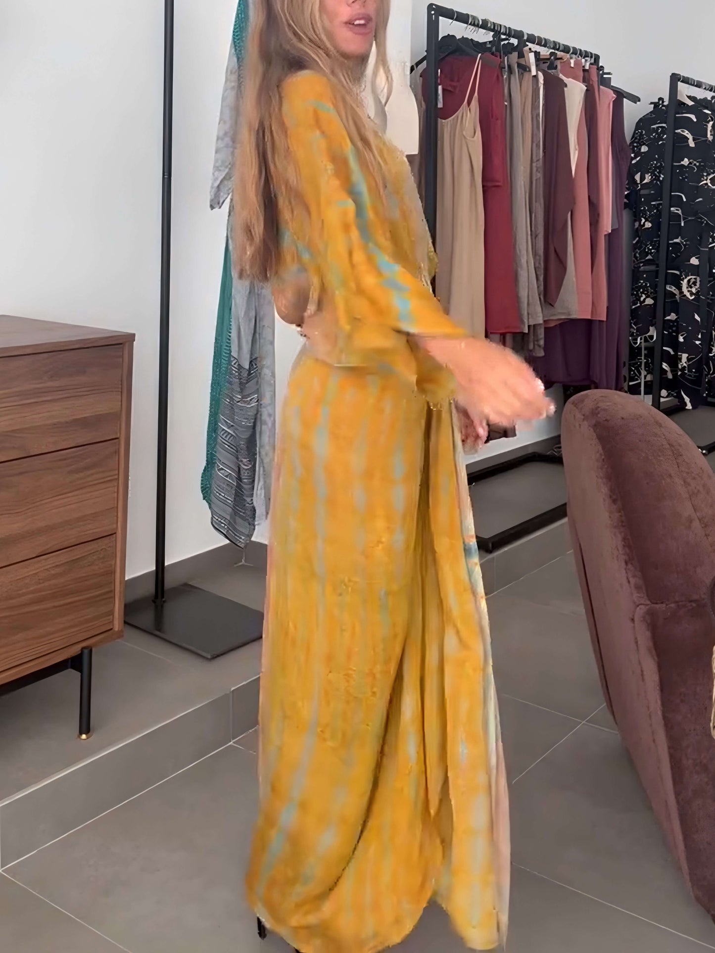 Bohemian Kimono-Inspired Tie-Dye Print Waist-Tie Maxi Dress