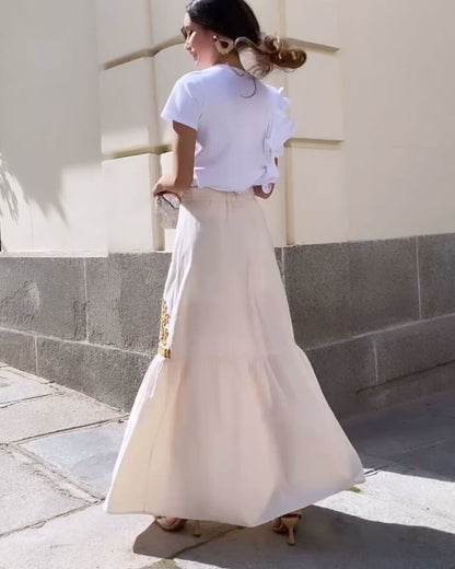 Linen Blend Ethnic Print Patchwork Embroidered Skirt