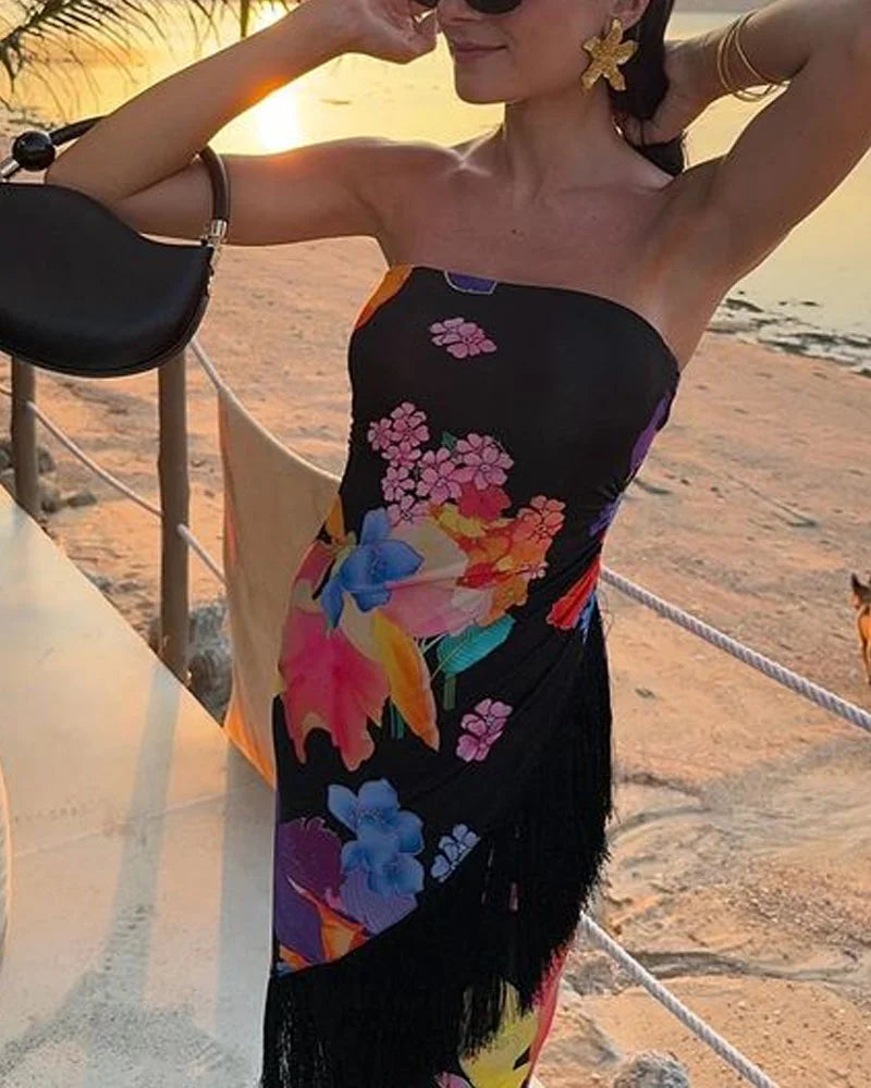 Elegant Vacation Print Fringe Dress