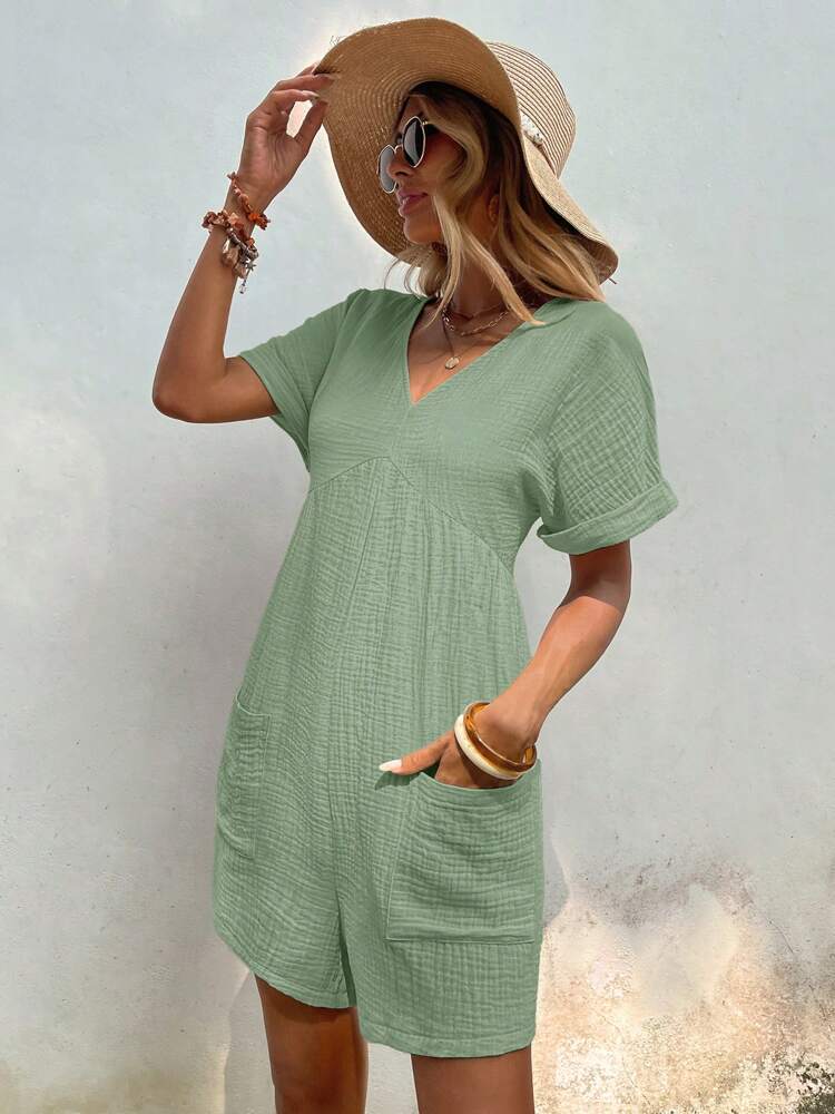 Fashion Solid Color V-neck Loose Bat Sleeve Zipper Short Sleeve Jumpsuit