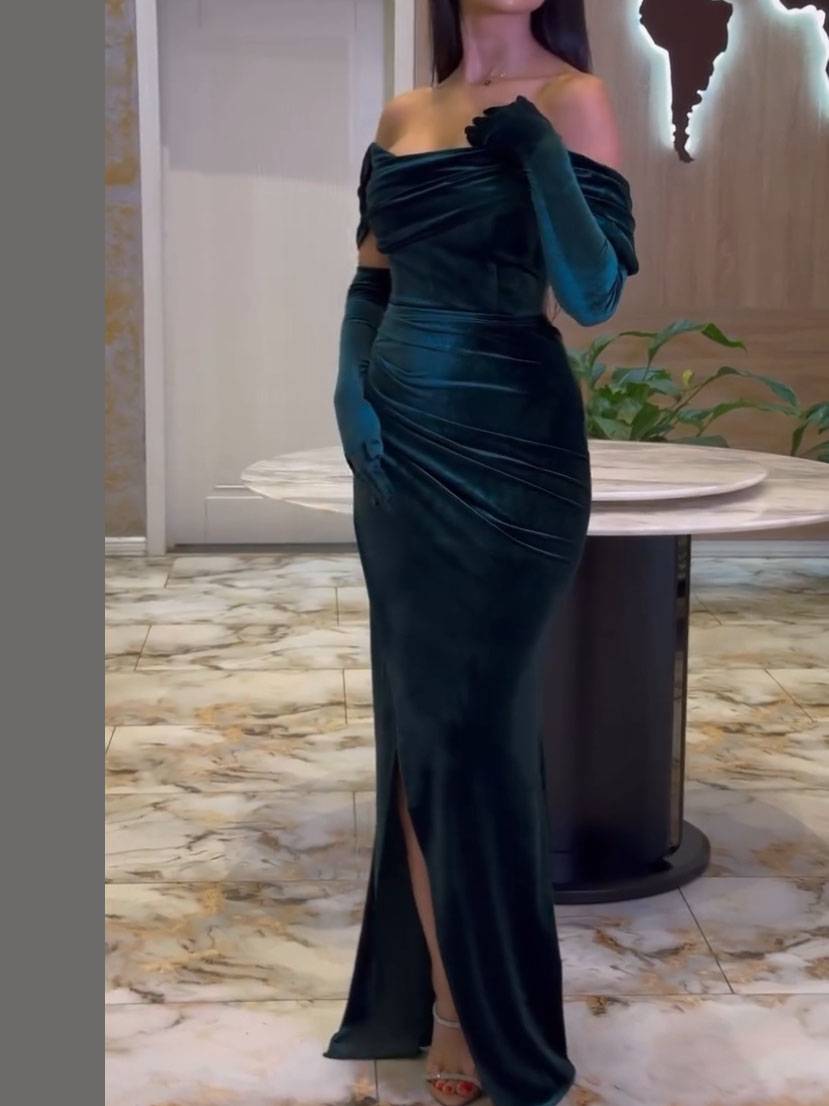 Velvet Off-Shoulder Pleated Slit Maxi Dress