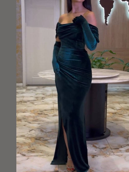 Velvet Off-Shoulder Pleated Slit Maxi Dress