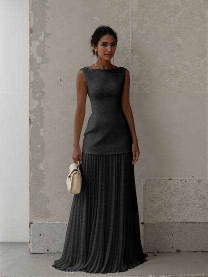 Elegant Pleated Classic Boat Neck Pleated Maxi Dress