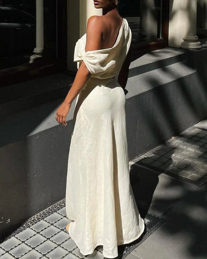 Chic slanted shoulder cotton and linen two-piece set