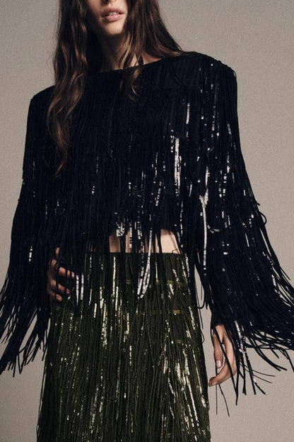 Exquisite Sequin Fringe Long-Sleeve Jacket And Skirt Set