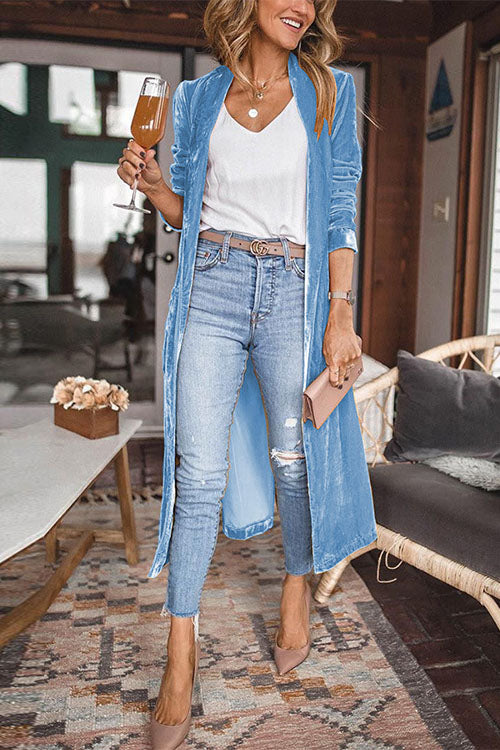 Stylish Open Front Long Sleeve Velvet Long Coat