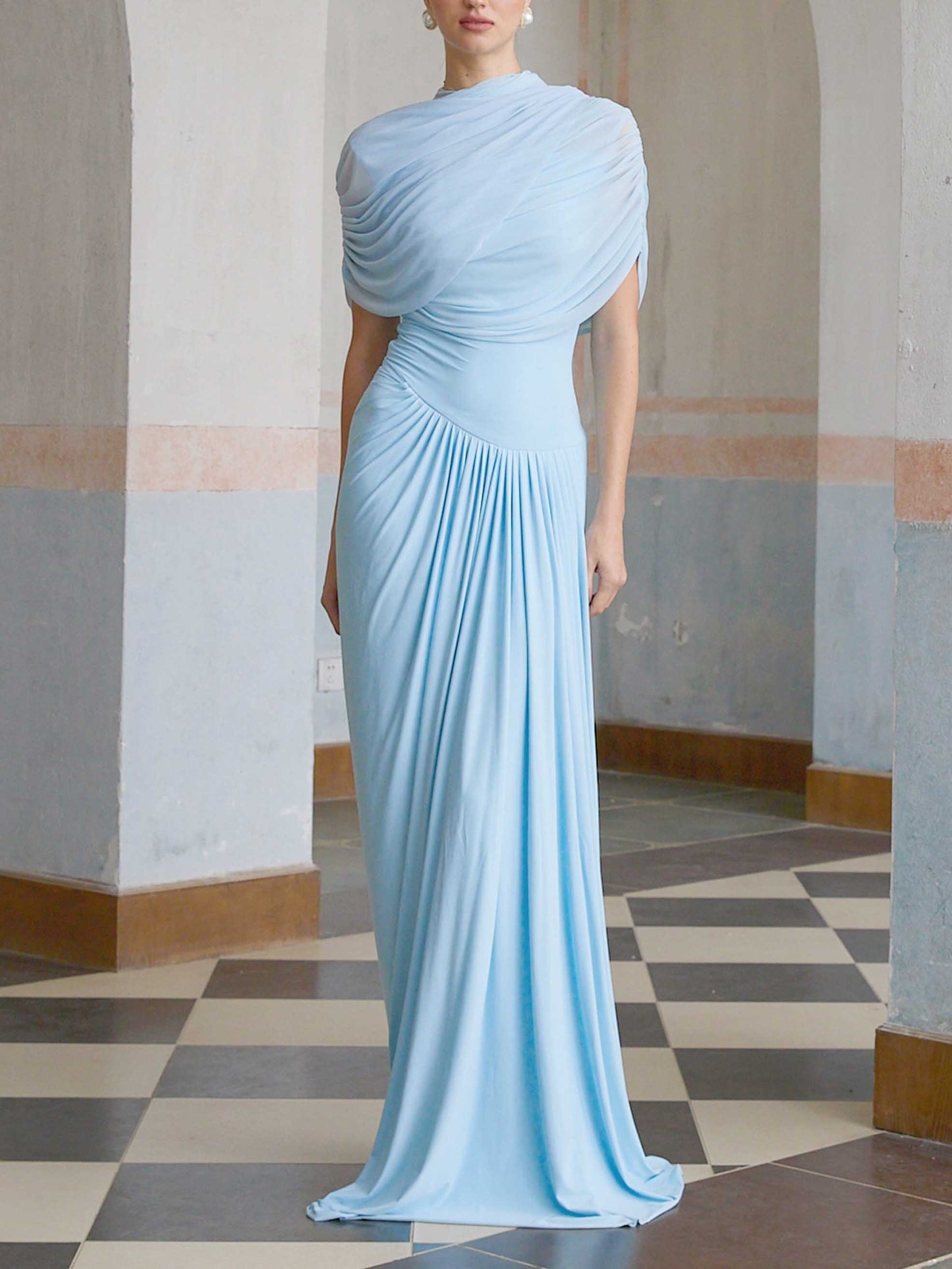 Elegant Asymmetric Ruffled Short Sleeve Maxi Dress