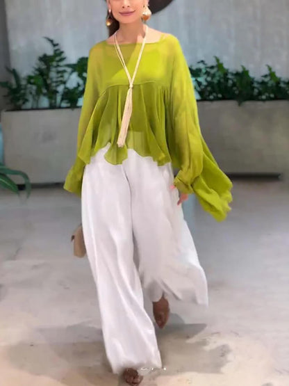 Elegant Romantic Journey Chiffon Ruffle Batwing Sleeve Top