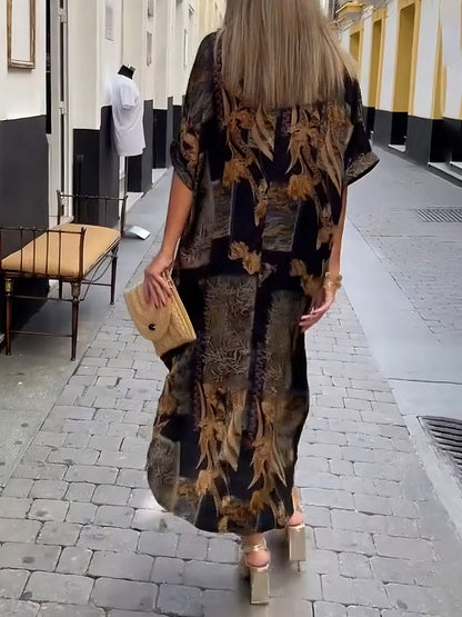 Retro Satin Print V-Neck Shirt Midi Dress