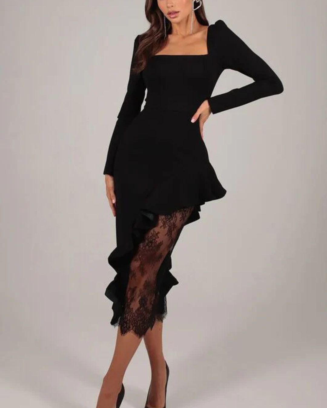 Elegant Square Neck Long Sleeve Ruffle Lace Mini Dress