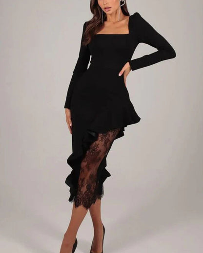Elegant Square Neck Long Sleeve Ruffle Lace Mini Dress
