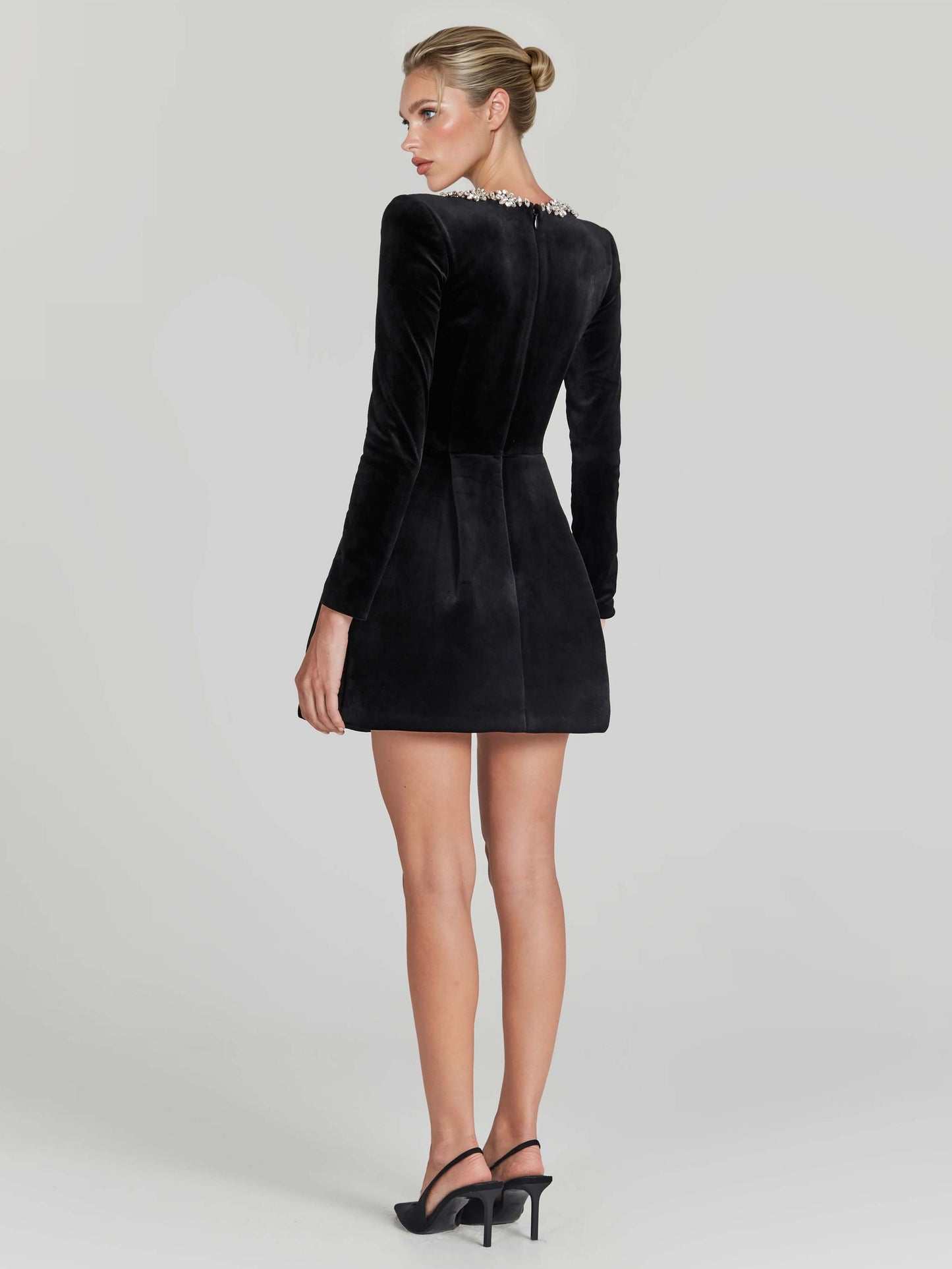 Elegant Square Neck Crystal Embellished Mini Dress