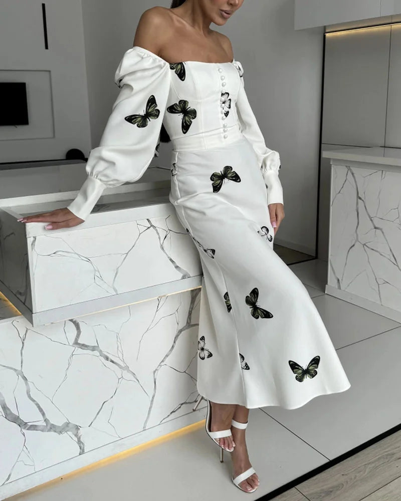 Elegant Square Neck Butterfly Print Fishtail Dress