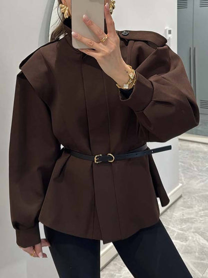 Modern Bold Stand Collar Button-Up Lantern Sleeve Loose Jacket