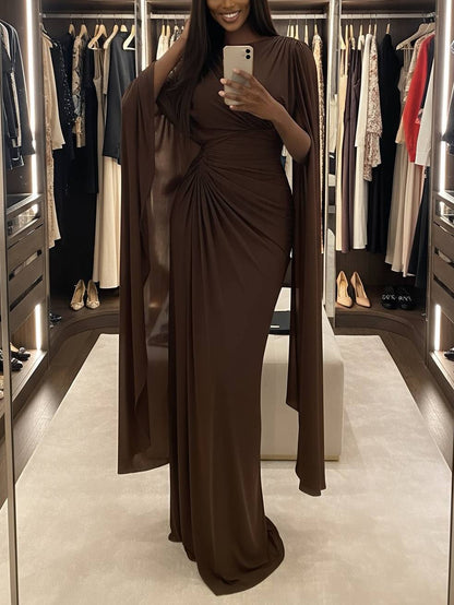 Boat Neck Pleated Slim Fit Maxi Dress