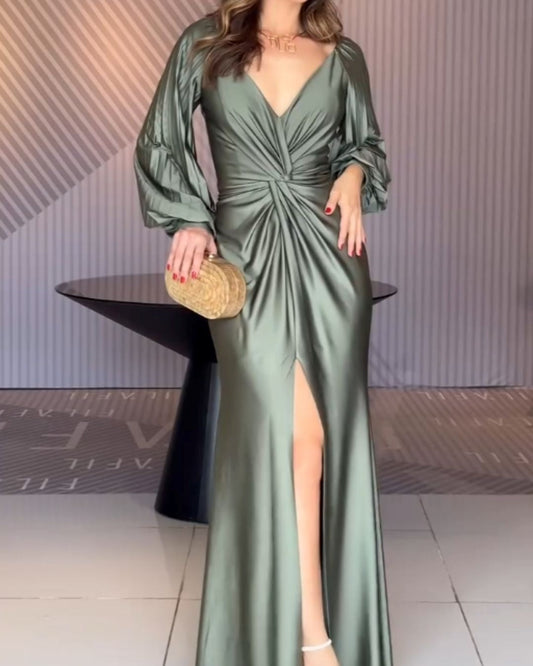 Solid V-Neck Ruched Waist High-Slit Maxi Dress