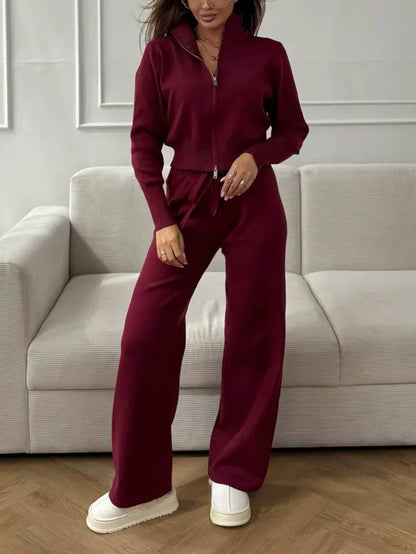 Casual Knitted Cardigan And Wide Leg Pants Suit