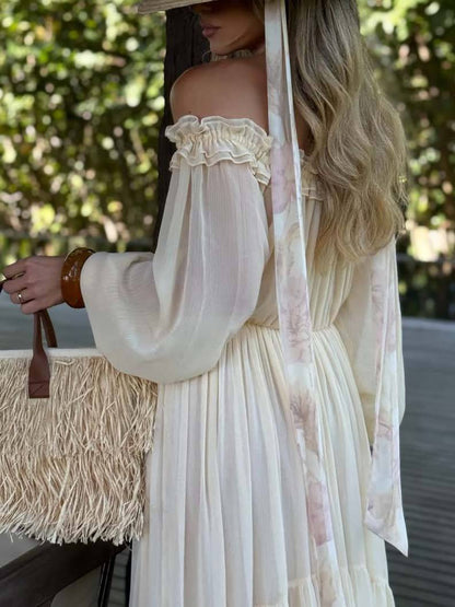 Vacation Style Off-shoulder Lace-up Long Sleeve Maxi Dress
