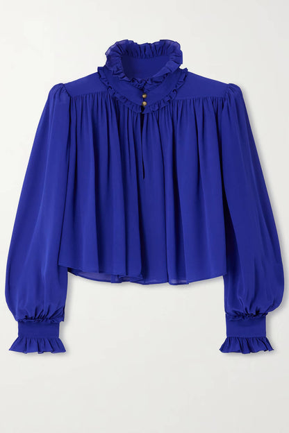 Exquisite High-Neck Ruffle Pleated Chiffon Loose Blouse
