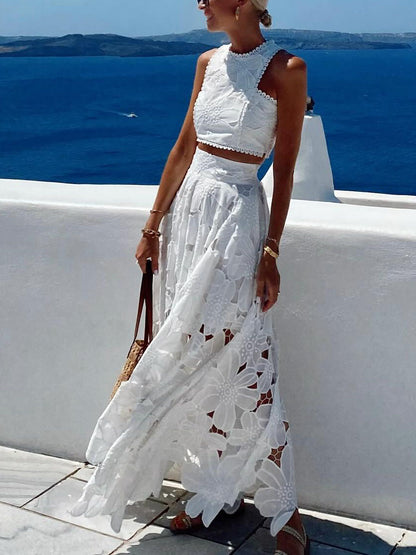 Elegant Hollow Floral Lace Maxi Skirt