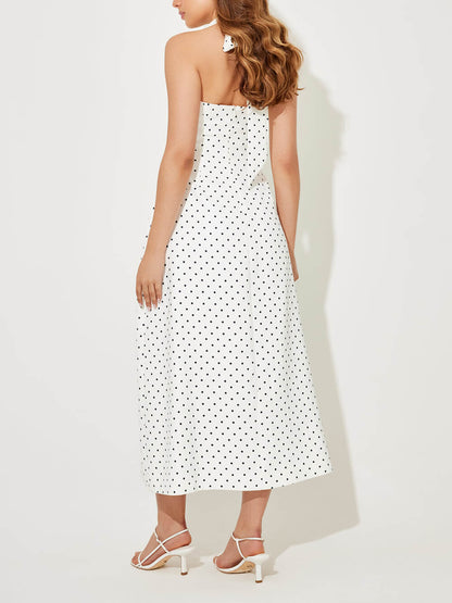 Classic Polka Dot Print Backless Tie Midi Dress