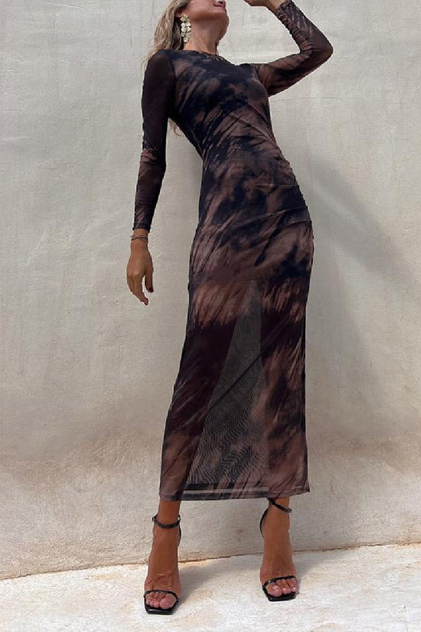 Mesh Overlay Tie Dye Print Long Sleeve Ruched Stretch Midi Dress