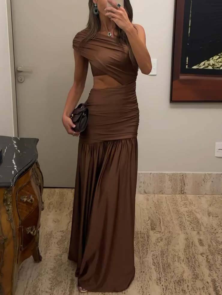 Unique Off-shoulder Waist Hollow Maxi Dress