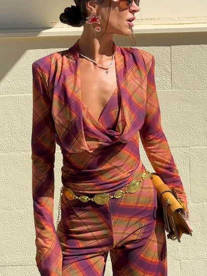 Unique Plaid Print Sheer High-Waist Straight Pants