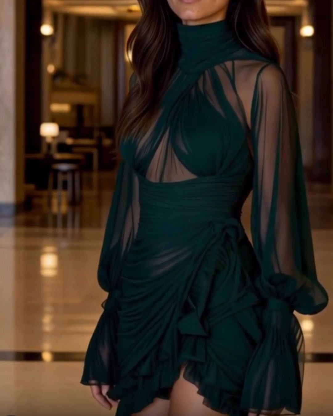 Elegant Emerald Green Mesh Long Sleeve Mini Dress