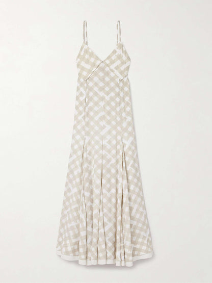 Elegant Plaid Print Pleated Crepe Maxi Dress