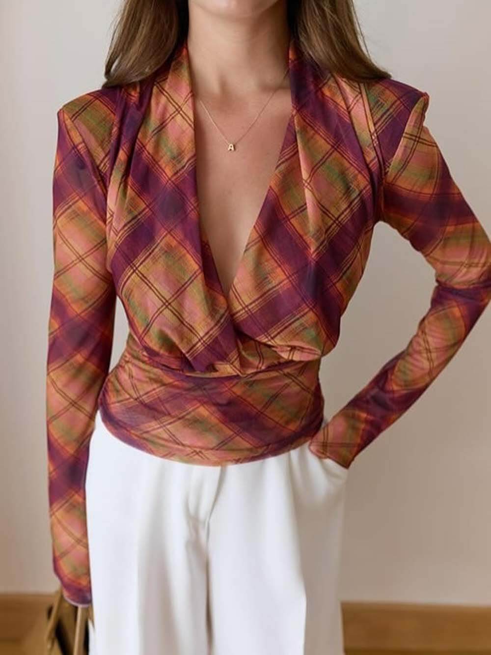 Unique Plaid Print Sheer V-Neck Top