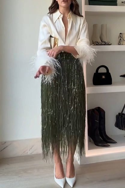 Exquisite Feather Trim Long Sleeve Button Up Loose Blouse