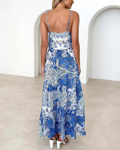 V-neck sexy printed suspender dress