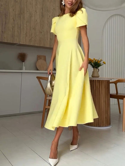 Elegant High-neck Bud Sleeve Midi Dress