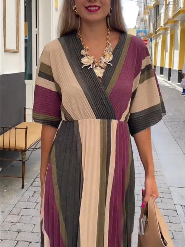 Elegant Irregular Stripe Print Pleated Maxi Dress