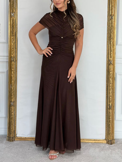 Mesh Pleated Short-sleeved Maxi Dress