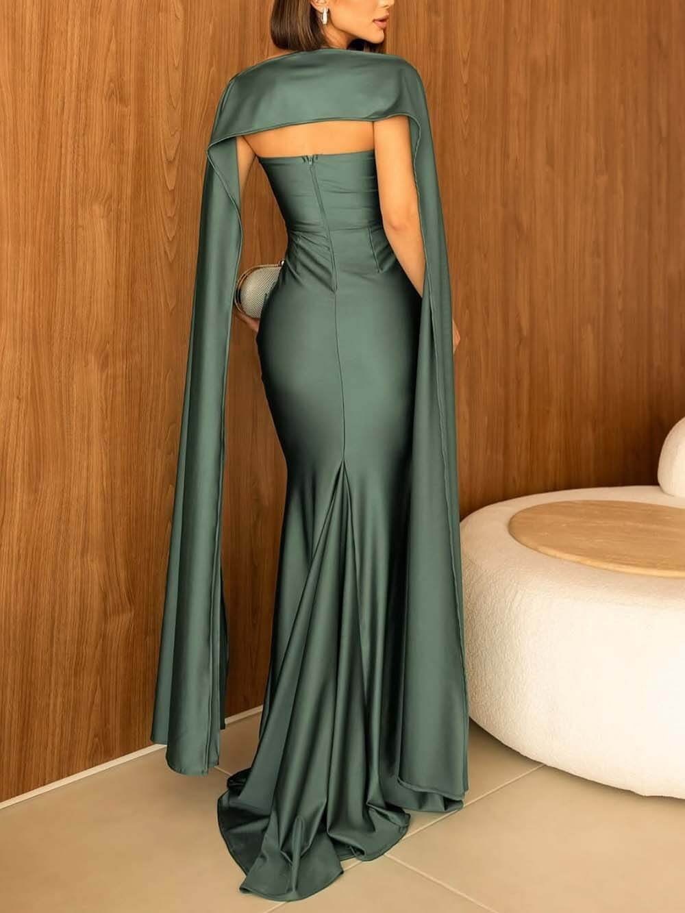 Elegant Strapless Cape Evening Maxi Dress