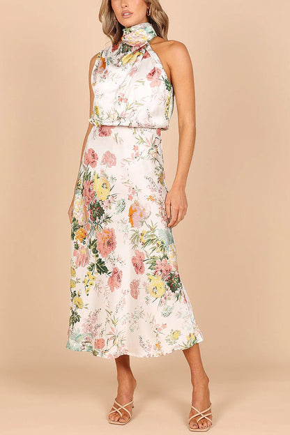 Floral Halter Neck Elastic Waist Maxi Dress