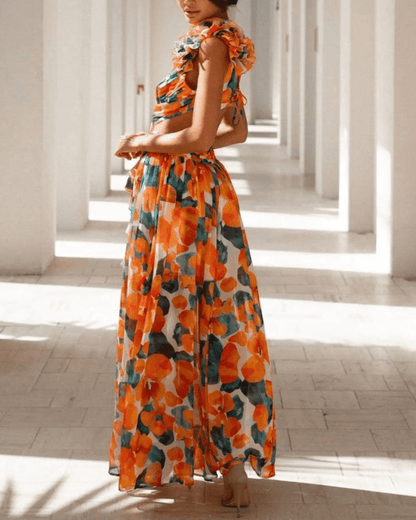 Floral Ruffle Detail Cut Out Back Lace-up Maxi Dress