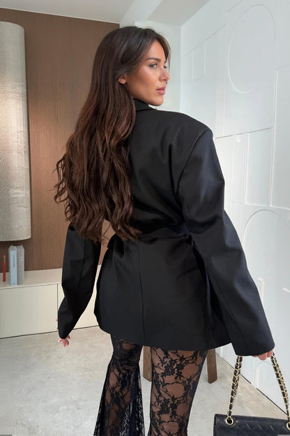 Fashion Lapel Long-Sleeve Belted Pockets Oversized Blazer