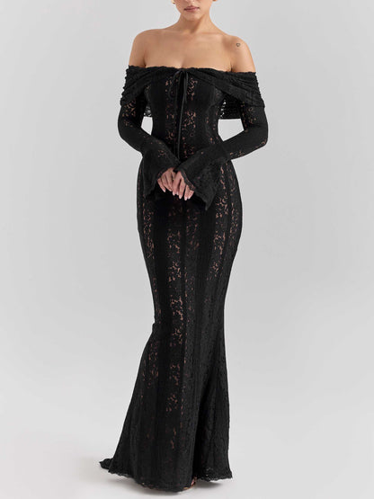 Elegant One Shoulder Lace Fishtail Maxi Dress