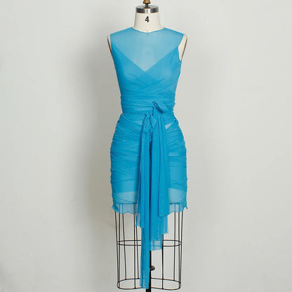 Sheer Mesh Wrap Tie Ribbon Mini Dress