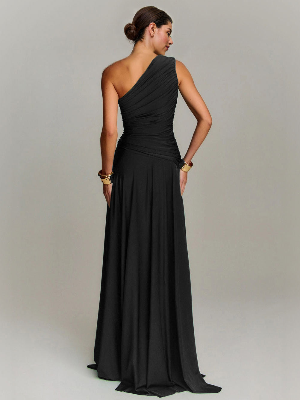 Elegant Draped One Shoulder Cocktail Maxi Dress