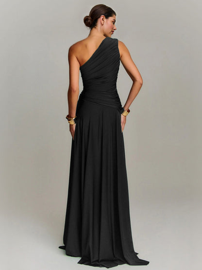 Elegant Draped One Shoulder Cocktail Maxi Dress