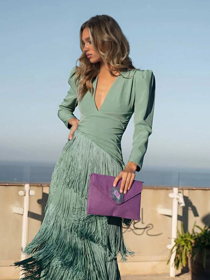 Elegant Tassel V-Neck Long Sleeve Maxi Dress